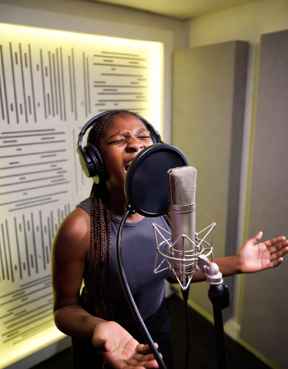 Teen rapping in vocal booth